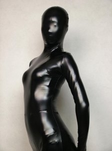 A woman in a full body black rubber suit